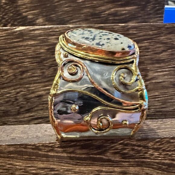 Handcrafted 2in Wide Cuff Bracelet, Malachite Green Stone, Mixed Metals, Adjust - Picture 7 of 10